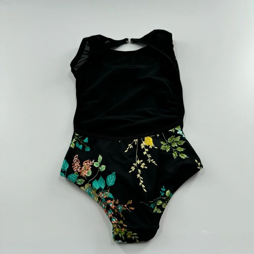 Chelsea B Dance Bodysuit – Child XS, Black w/ Floral Print, Mesh Neckline & Open
